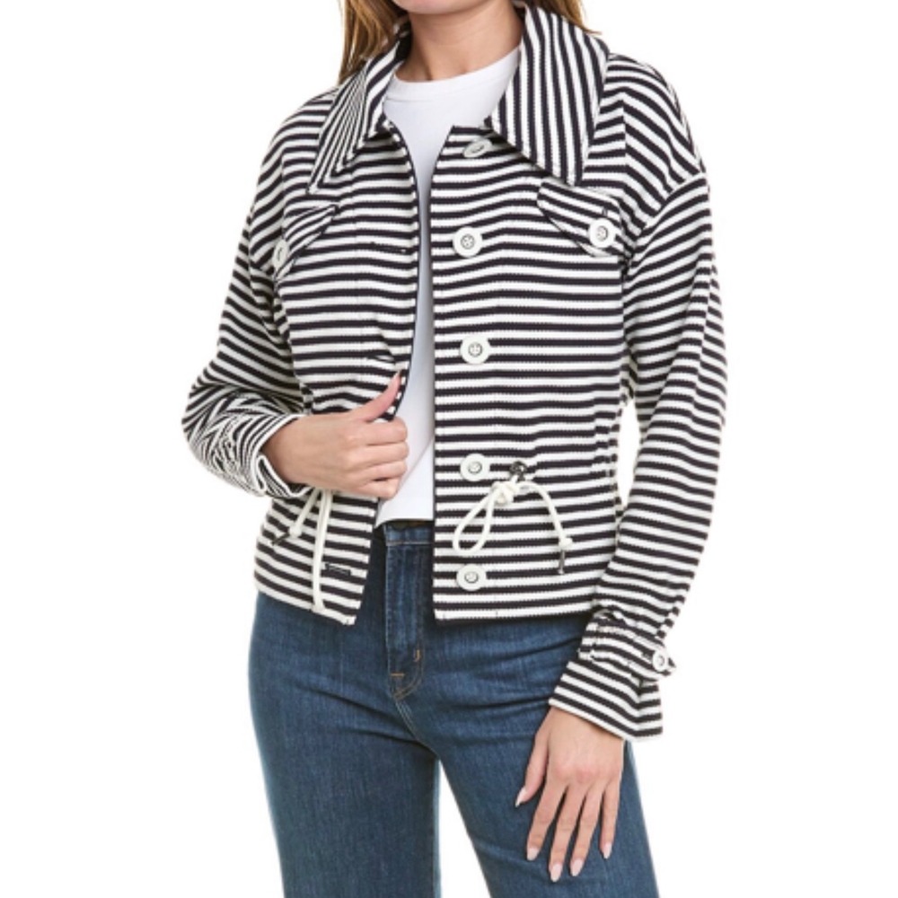 Cabi Harbor Striped Knit Jacket S Button Front Drawstring Waist Nautical‎ Chic
